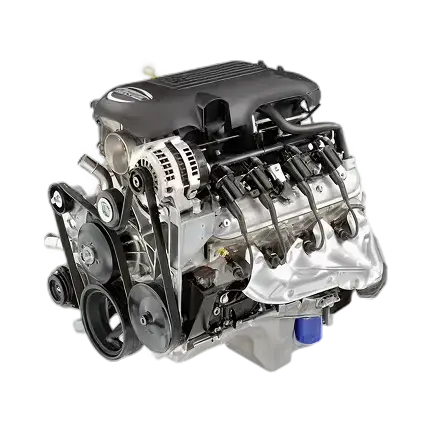 A modern V8 car engine with visible belts, pulleys, alternator, ignition coils, and a black intake manifold, shown isolated on a transparent background.