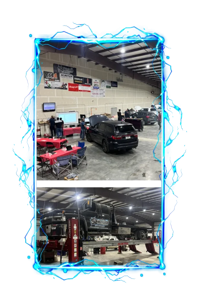 Auto & Diesel Repair In Monticello AR At Strokers Diesel Performance & Repair. Two photos in a neon blue frame: the top shows people working on black SUVs in a spacious garage with red tables and wall signs; the bottom shows a large truck lifted for repairs inside the same garage.