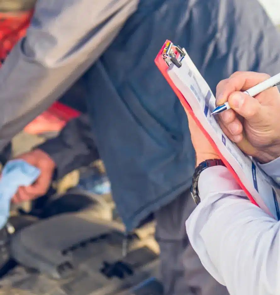 ADAS Services In Monticello AR At Strokers Diesel Performance & Repair. A person holding a clipboard and pen checks off items while another person works under the hood of a car, suggesting a vehicle inspection or maintenance check.