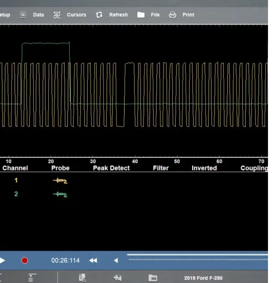 Auto Diagnostic Service In Monticello AR At Strokers Diesel Performance & Repair. Oscilloscope display showing two waveform signals with labeled channels, probe indicators, and controls for filter, invert, and coupling options. Playback controls are visible at the bottom of the screen.